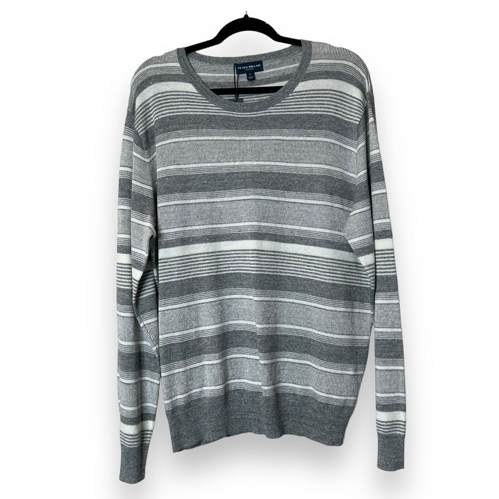 Peter Millar Sweater Men Sz XL Gray‎ Cream Stripe Lightweight Linen/wool $298
